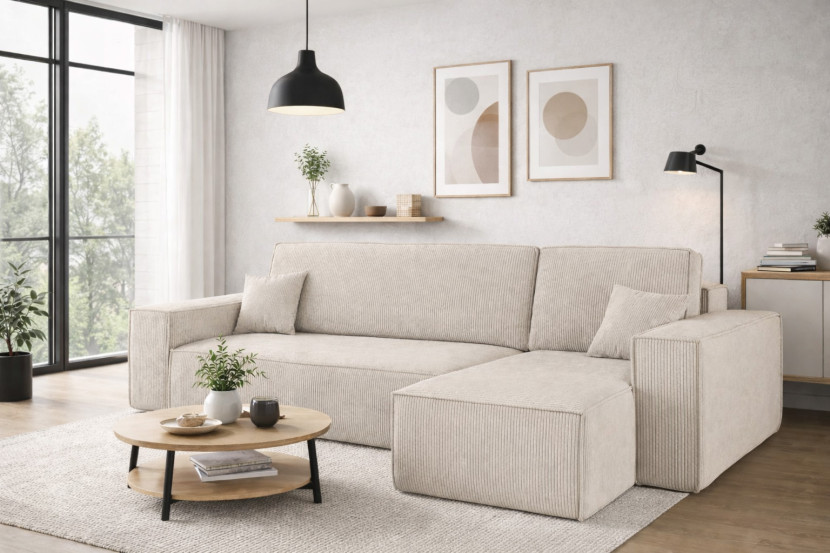 Sofa w kształcie L BEST narożnik, tkanina Poso, Beżowy Prawostronny