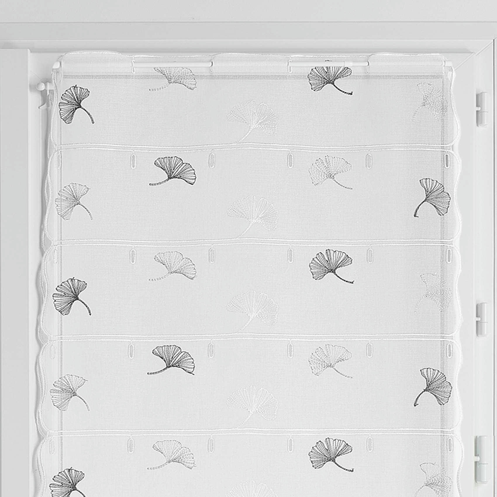 - Vitrage droit brodé feuilles de gingko polyester gris clair 90x120 cm