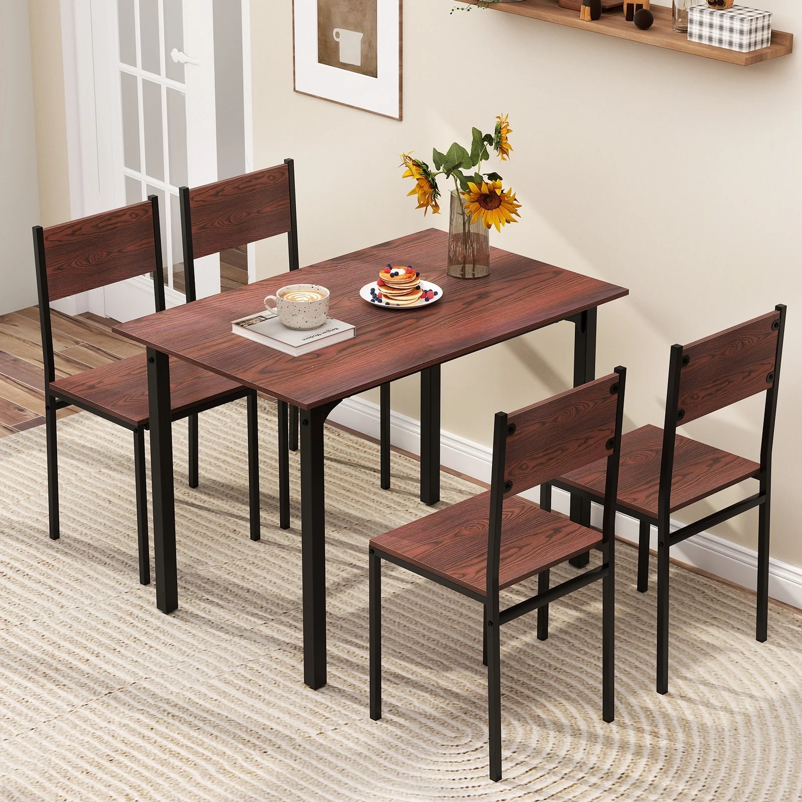Walnut 5-Piece Dining Table Set with Metal Frame and Comfortable Chairs Perfect for Cozy Family Gatherings