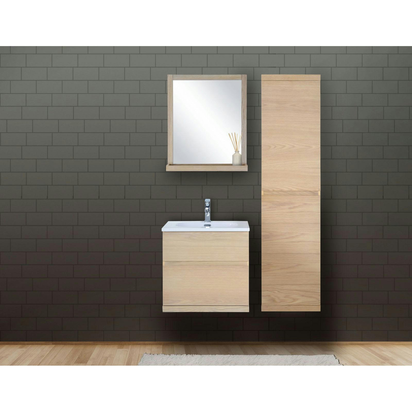 ENIO - Meuble sous vasque chêne avec plan résine  60cm +miroir+colonne fermée