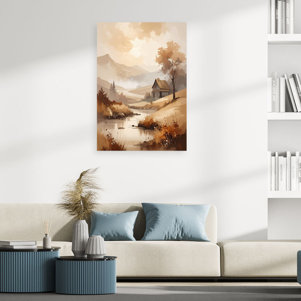 Obraz do salonu sypialni, Pastelowy Pejzaż Gór i Drzew Rustykalny 20x30