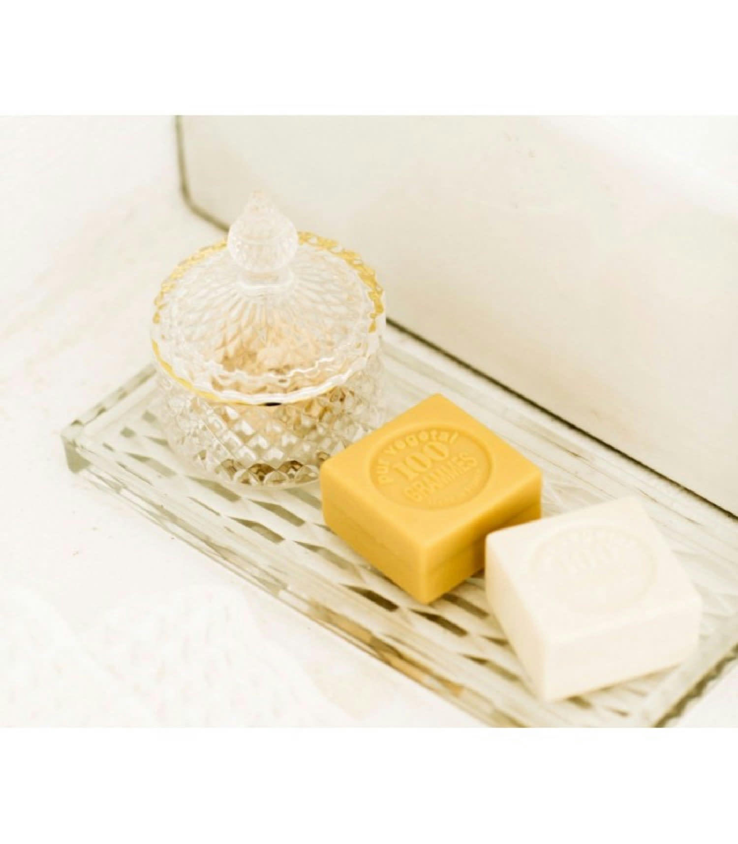 VERRE - Boîte de rangement salle de bain verre et or D10,5cm