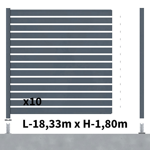 Kit Clôture Ajourée Aluminium OLINDA Anthracite 18,33x1,8m Poteaux sur Platines - Dimension des Lames : 21x100x1780 mm