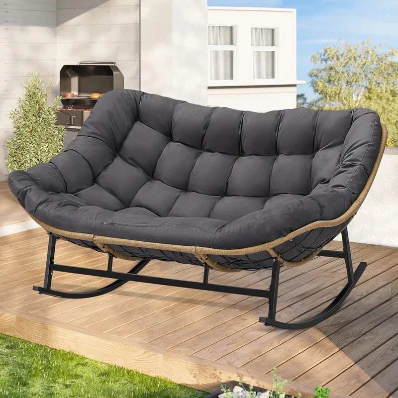 FINCATI Outdoor Double Papasan Chair, Oversized Rocking Loveseat Outdoor, 700 lbs Indoor Wicker Rocker Double Rocking Chair
