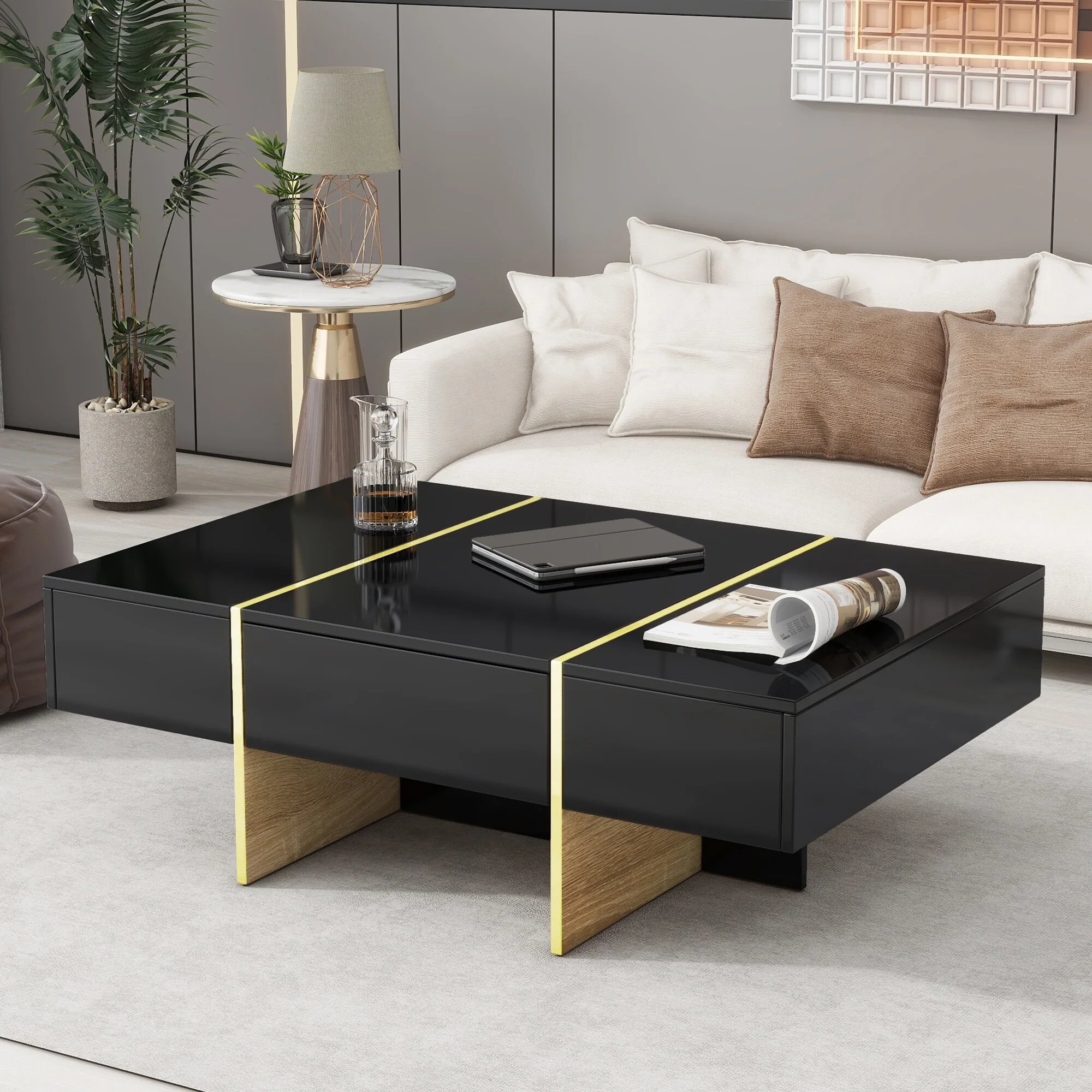 High Gloss Coffee Table with 2 Drawers, Rectangle Storage Sofatable with Wood Legs, Modern Center Table for Living Room