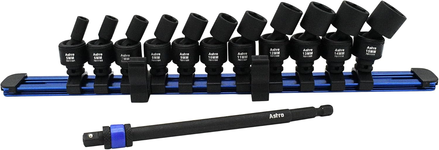 Astro Tools 78111 12pc 1/4 Square & Hex Drive Magnetic Universal 6pt Impact Socket Set for Impact Wrenches & Drivers
