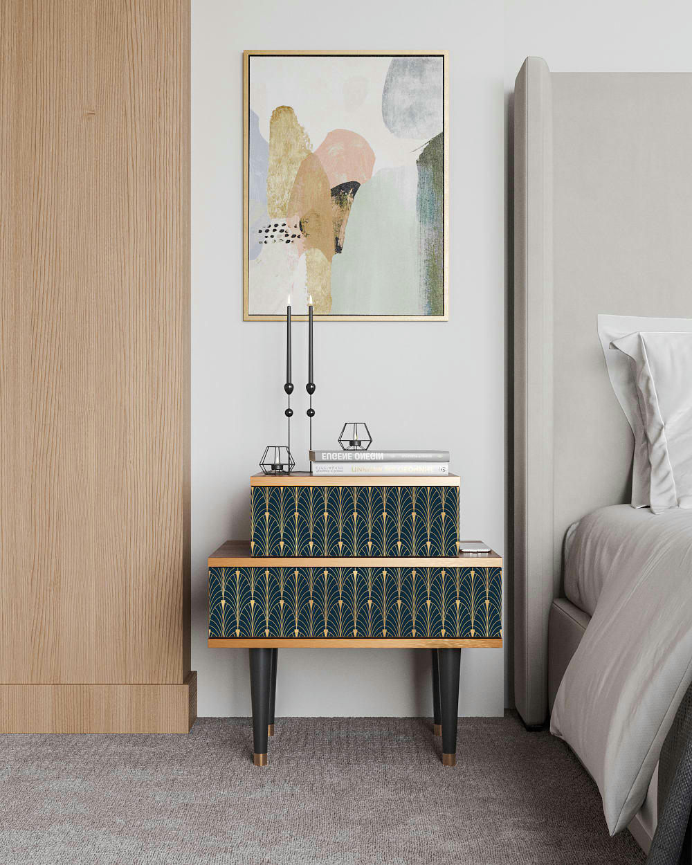 FLOWER OF THE NILE - Table de chevet bleu et jaune 2 tiroirs L 58 cm