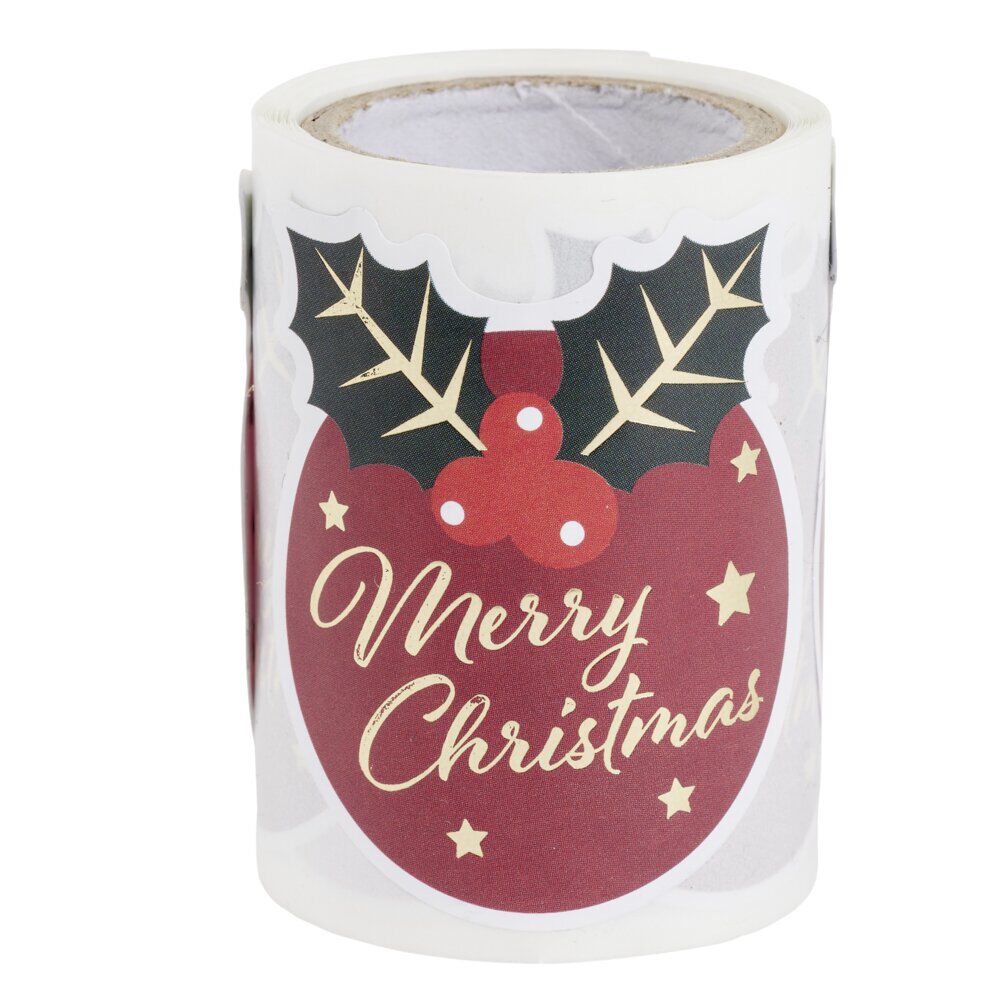 étiquette autocollante No&euml;l x50 houx Merry Christmas rouge thème fantasia 5x5cm