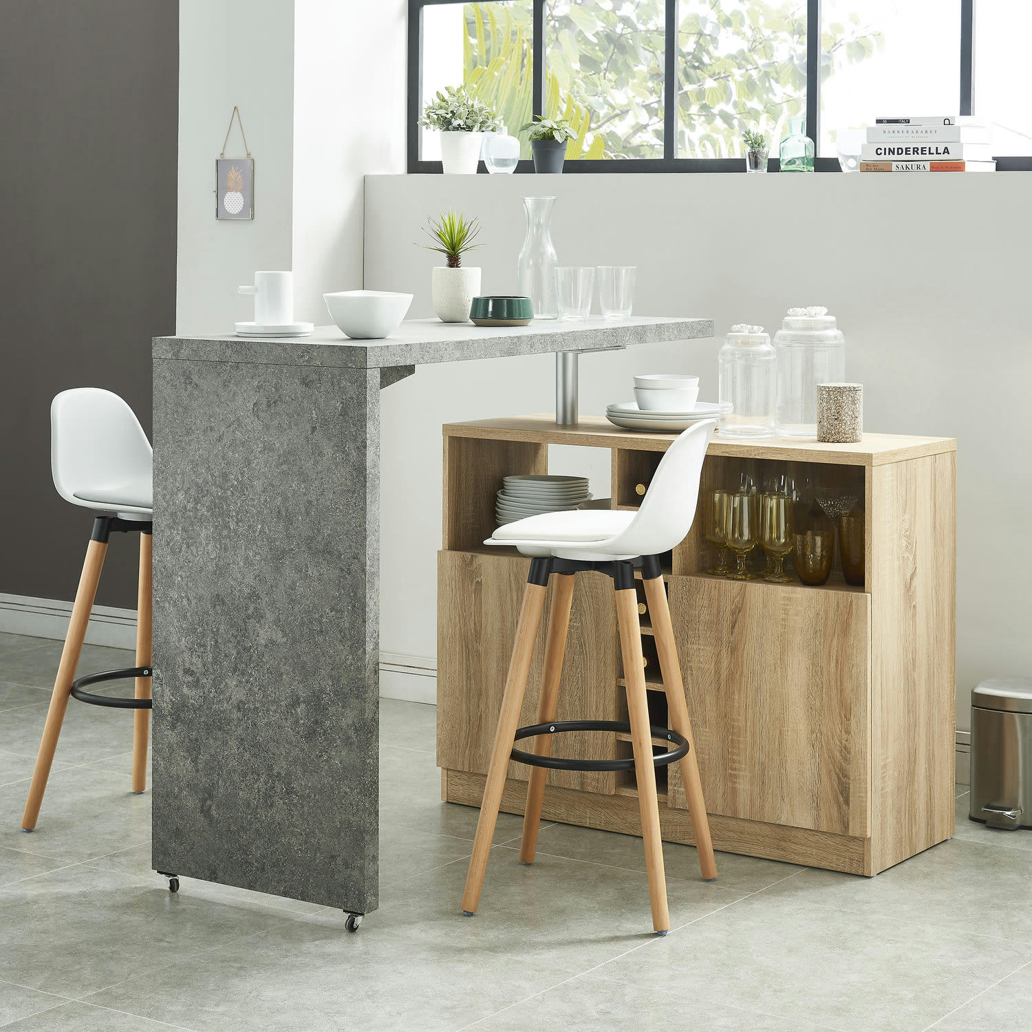 POLY - Table de bar  effet bois et béton  pivotante 126 à 191cm