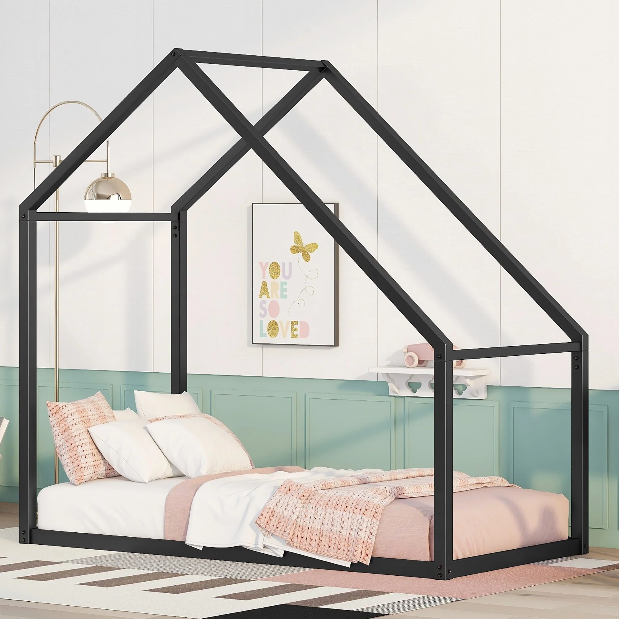 Metal Twin House Bed Frame with Roof Design, Open and Spacious for Kids