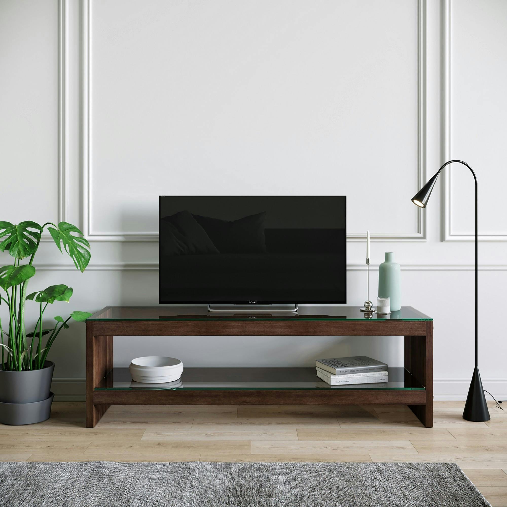 Meuble TV en bois brun et verre - 140 cm LHASA
