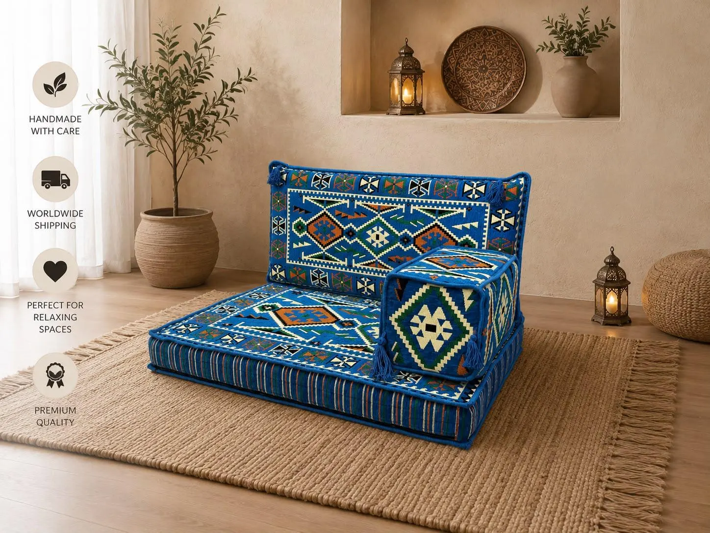 Blue Arabic Single Floor Sofa Set: Minimalist Loveseat, Living Room Cushion Seating, Backrest & Armrest