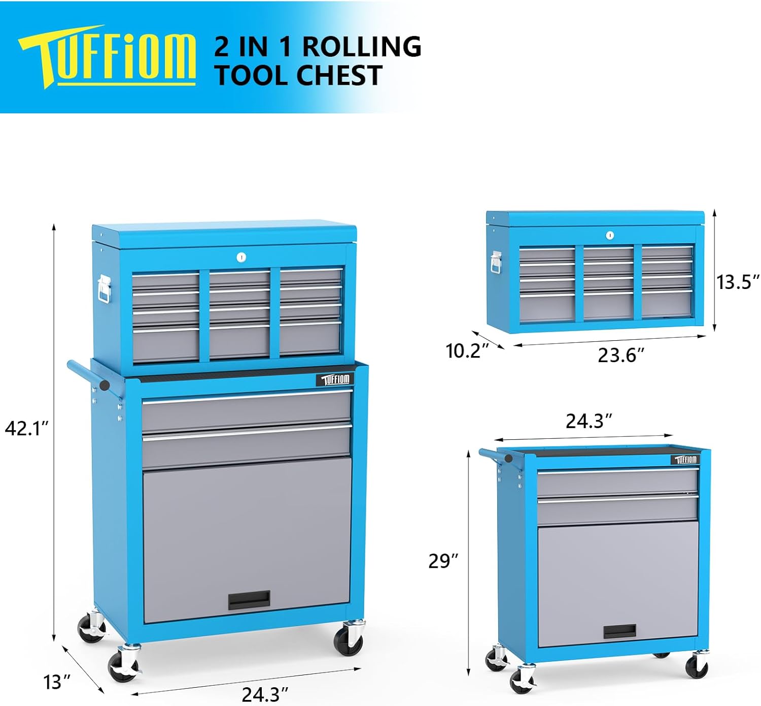 TUFFIOM 8-Drawer Rolling Tool Chest, Tool Storage Cabinet w/Lockable Wheels, Detachable Top, Drawers & Side Hooks, Mechanic Tool Organizer Box for Garage Warehouse Repair Shop