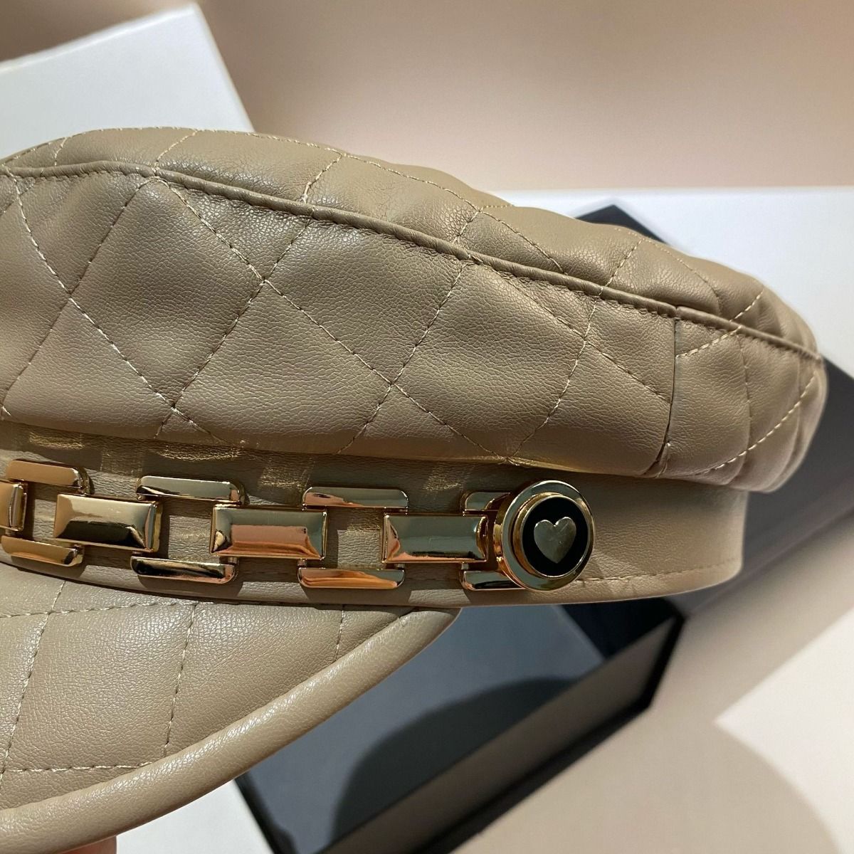 PEACH ACCESSORIES Quilted Leather Chain Detail Hat