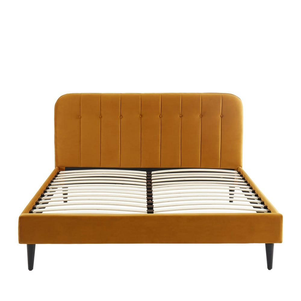 TORGO - Lit matelassé en velours 160x200cm jaune moutarde