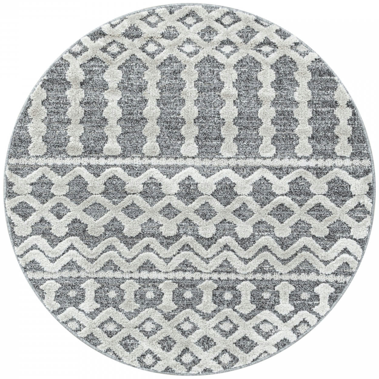 BOHEME - Tapis bohème rond à relief gris et blanc 80x80cm