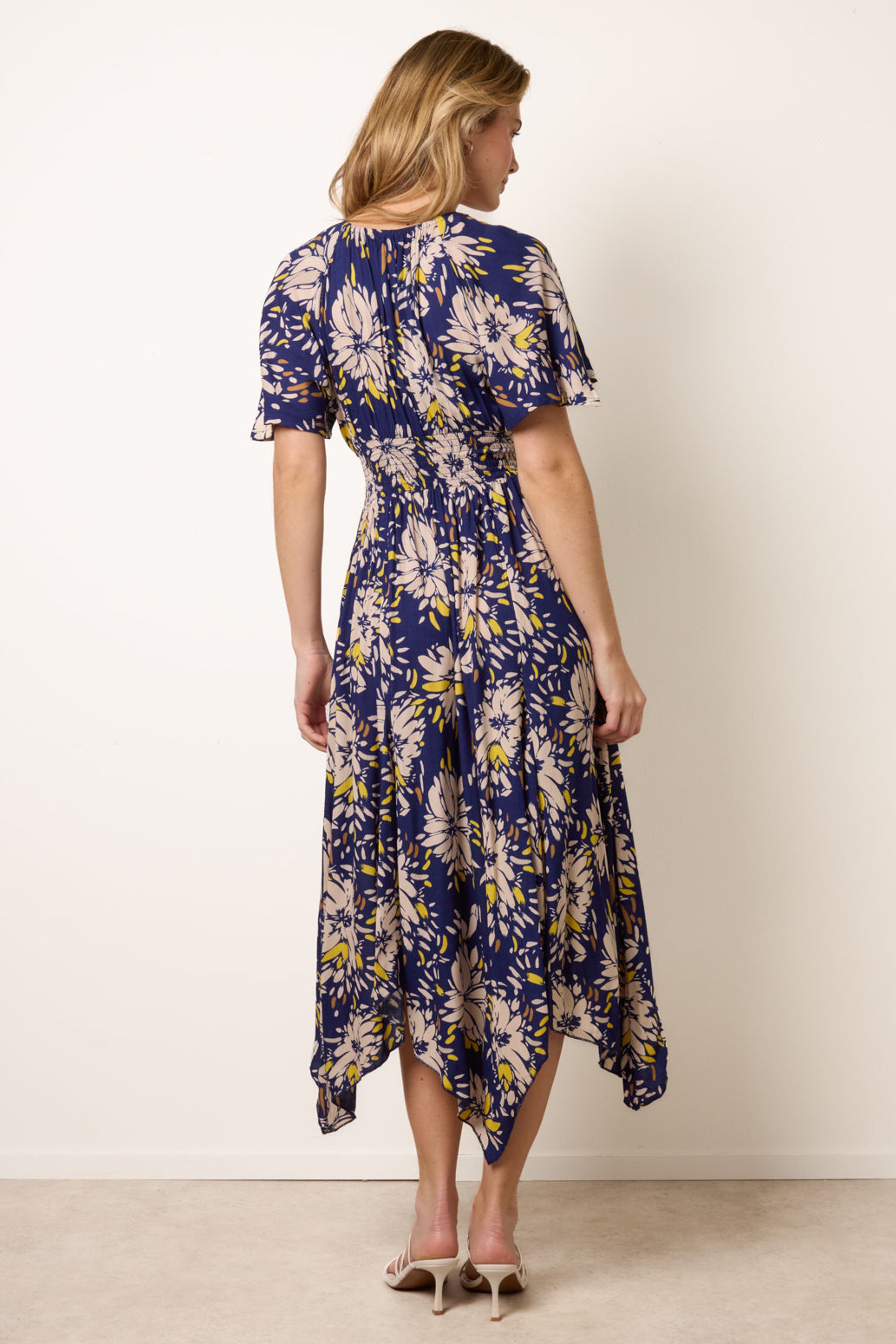 Blue Vanilla Navy Shirred Waist Hanky Hem Dress