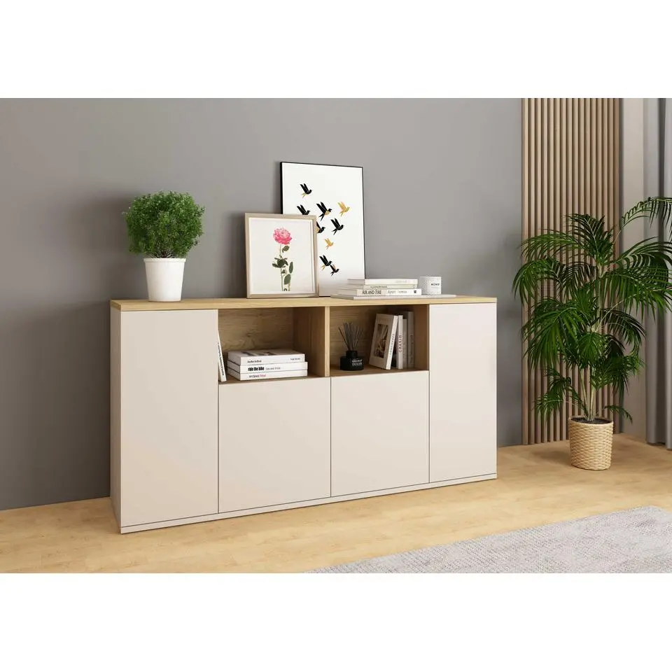 Dressoir Kosmo - 150x40x76cm - 4 deuren - kasjmier/eikdecor