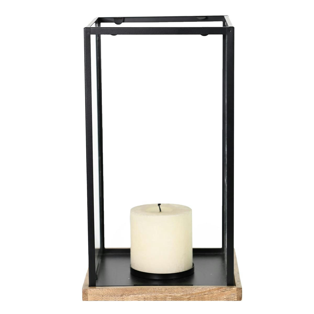KANDAVA BLACK - Photophore métal socle en bois 22x40 cm