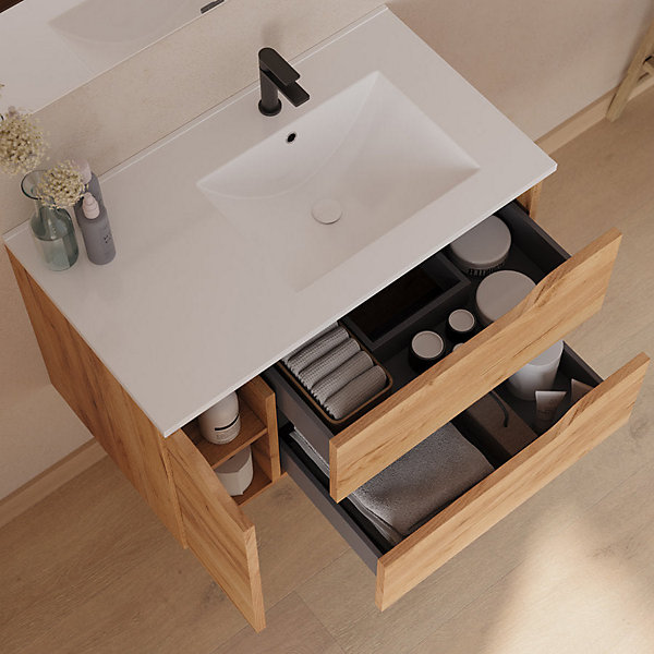 Meuble sous vasque seul, 2 tiroirs et 1 porte, 80cm, vasque déportée droite - roble (bois clair) - ZARZA