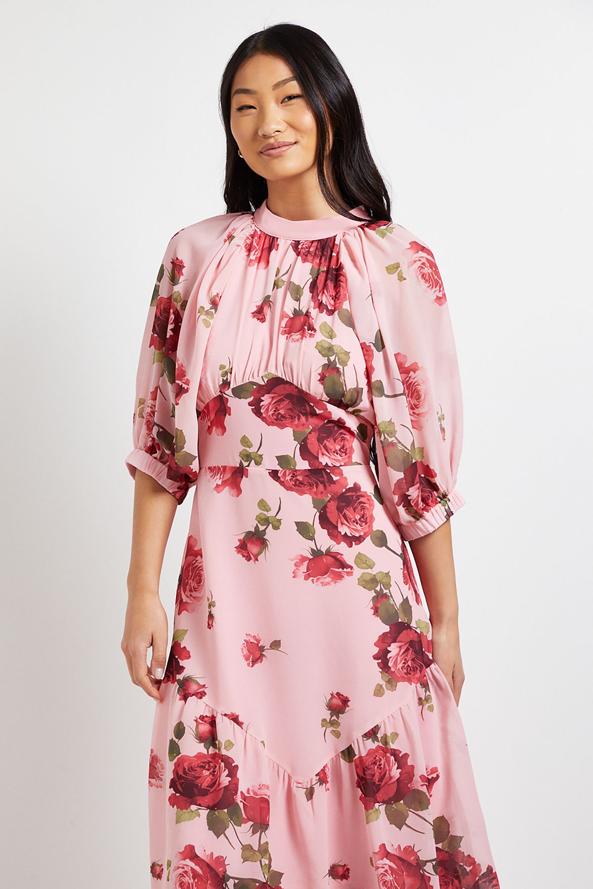 Dorothy Perkins DP Luxe Petite Printed Floral Chiffon Empire Waist Tiered Frill Maxi Dress