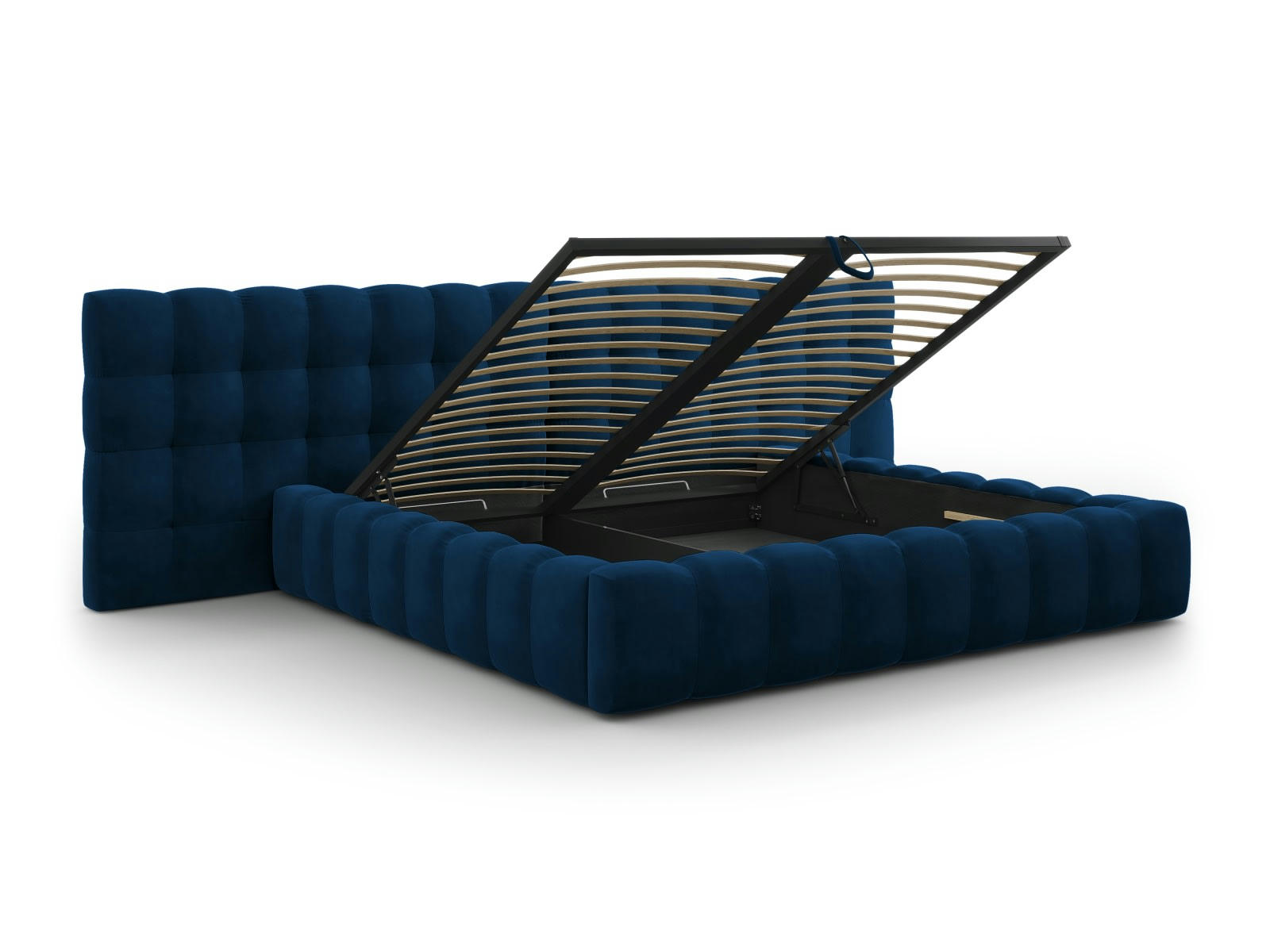 MAMAIA - Lit coffre en avec tête de lit double 200x200cm velours bleu roi