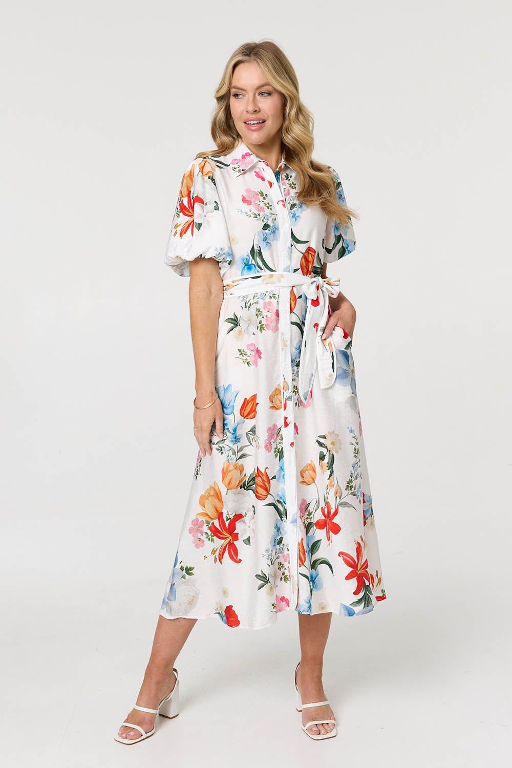 Izabel London Floral 1/2 Puff Sleeve Midi Shirt Dress