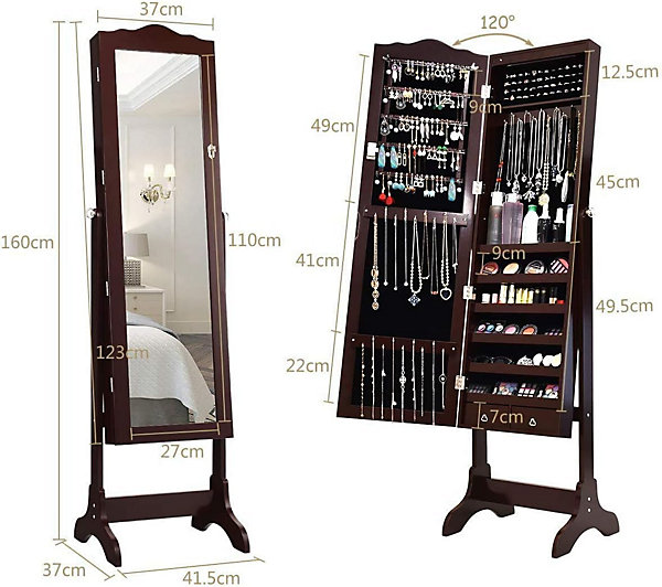 Armoire a Bijoux sur Pied avec Miroir Meuble a Bijoux de Dessus Arc avec 14 Lumieres LED 6 Etageres de Rangement Brun