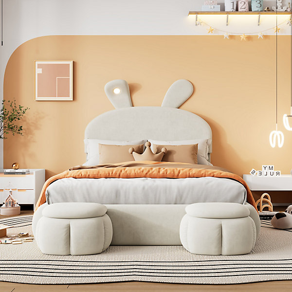 Lit double 140x200cm en velours beige avec LED, coffre de rangement hydraulique et 2 poufs de rangement, Lit moderne et élégant