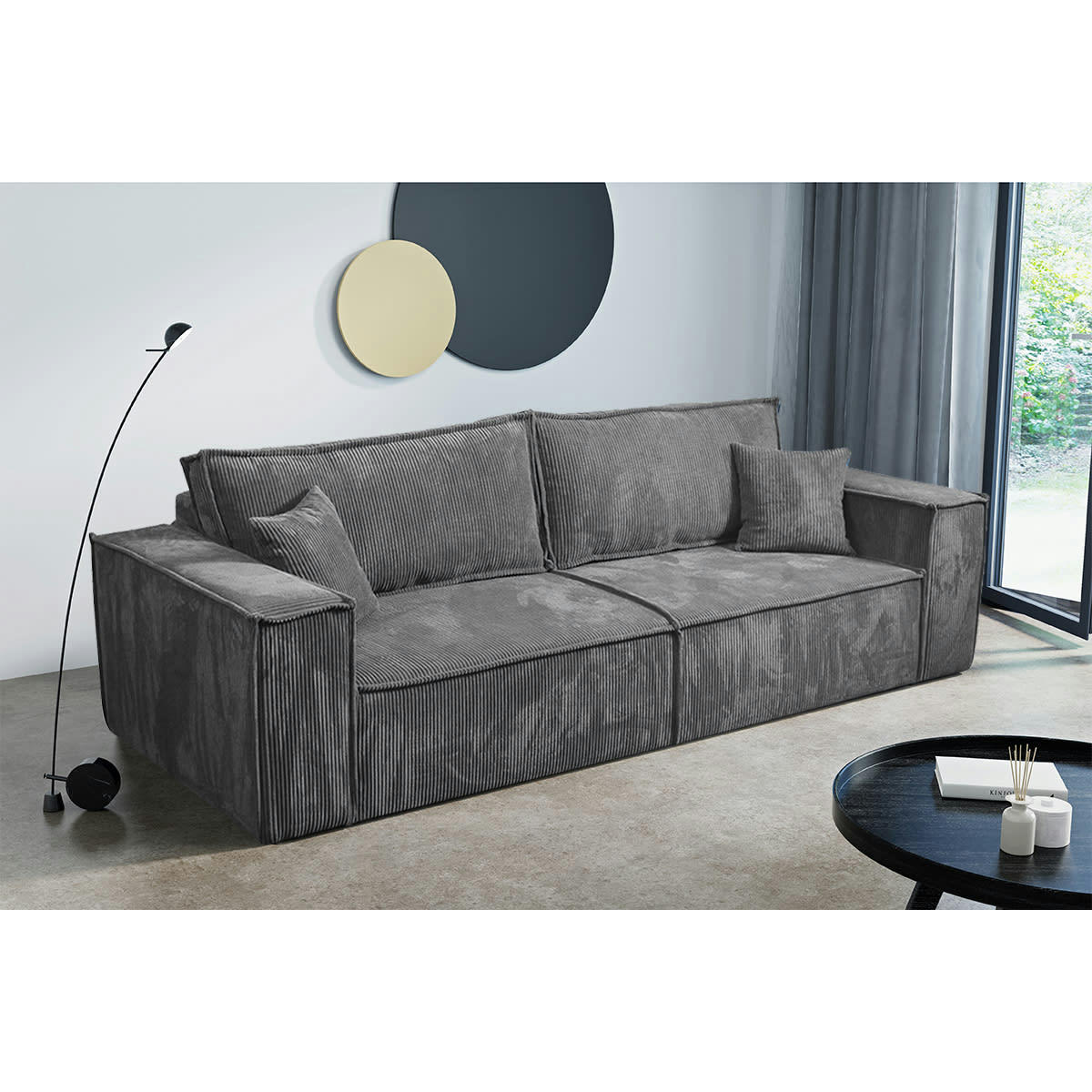 - Canapé convertible 4 places velours côtelé gris