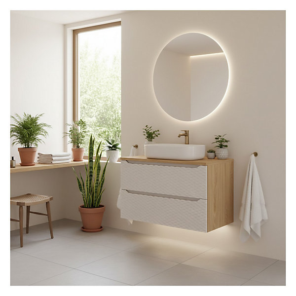 Ensemble de salle de bain YOKA beige : meuble sous vasque à tiroirs 90 cm et plan vasque