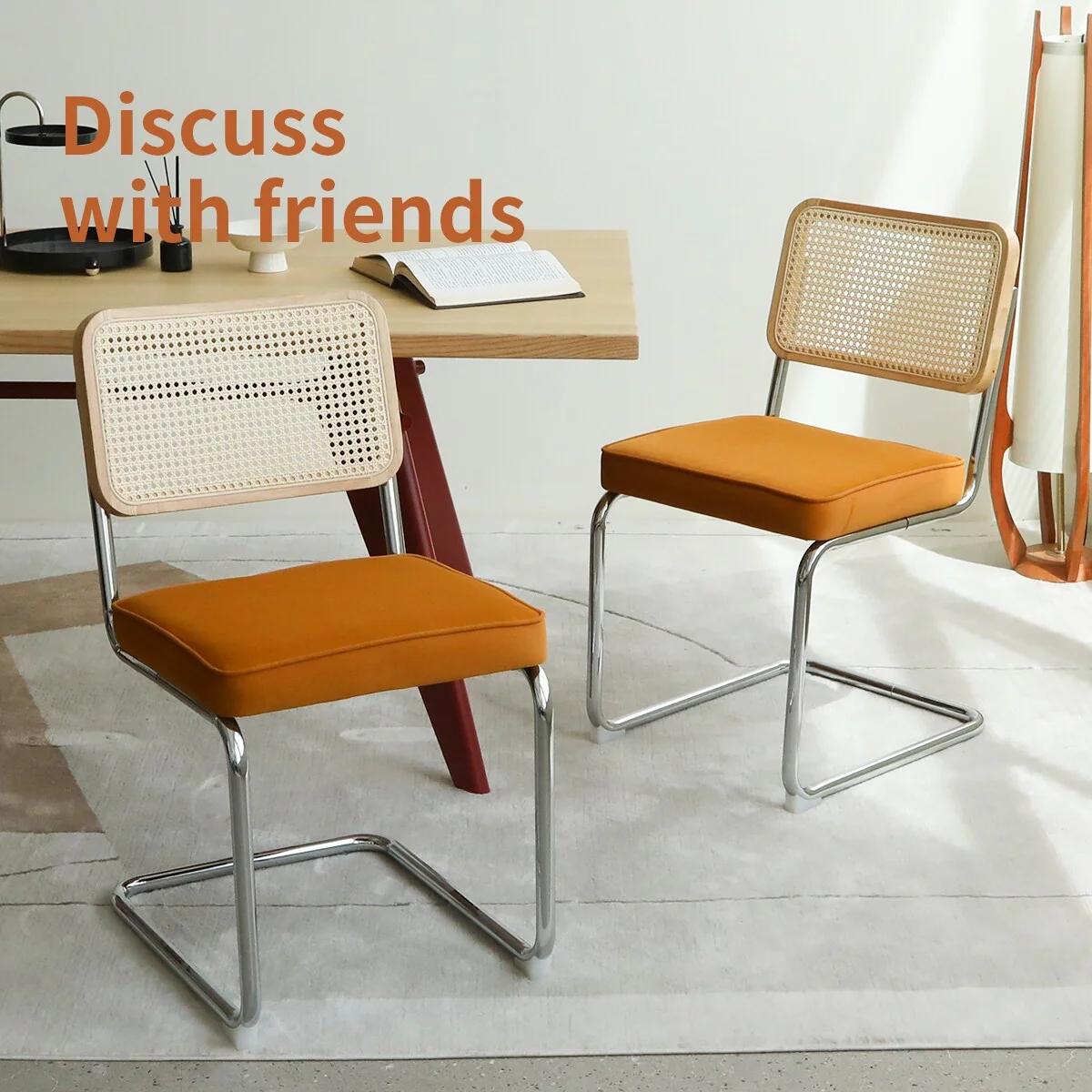 Dining Chairs Set of 2, Velvet Rattan Side Accent Chairs with Chrome Legs, Breuer Designed Chairs, Upholstered Dining Chairs