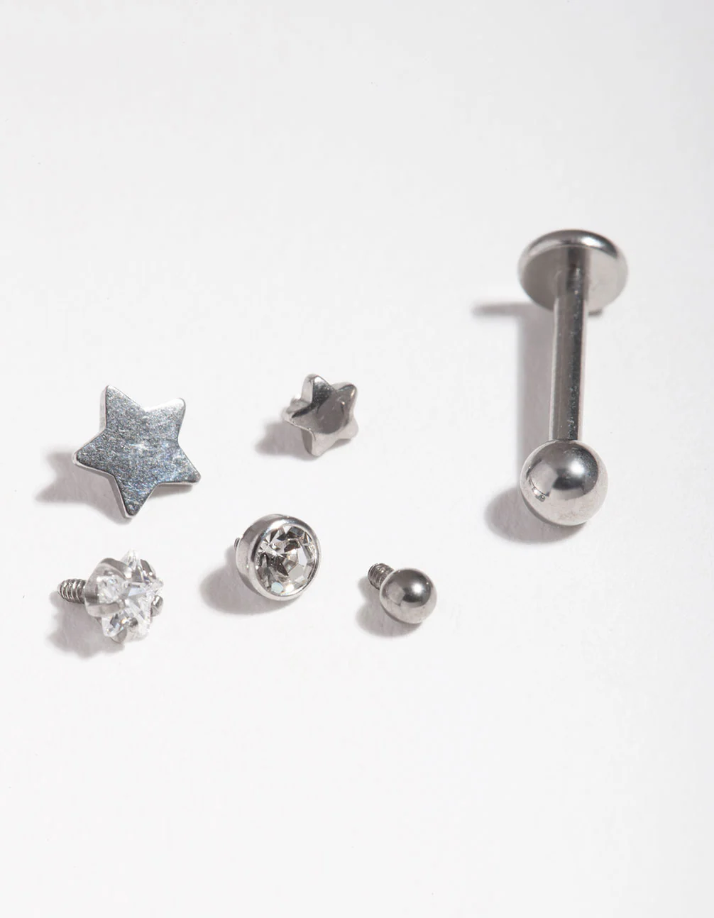 Surgical Steel Single Flat Back Bar & Diamante Star Interchangeable Ends 6-Pack