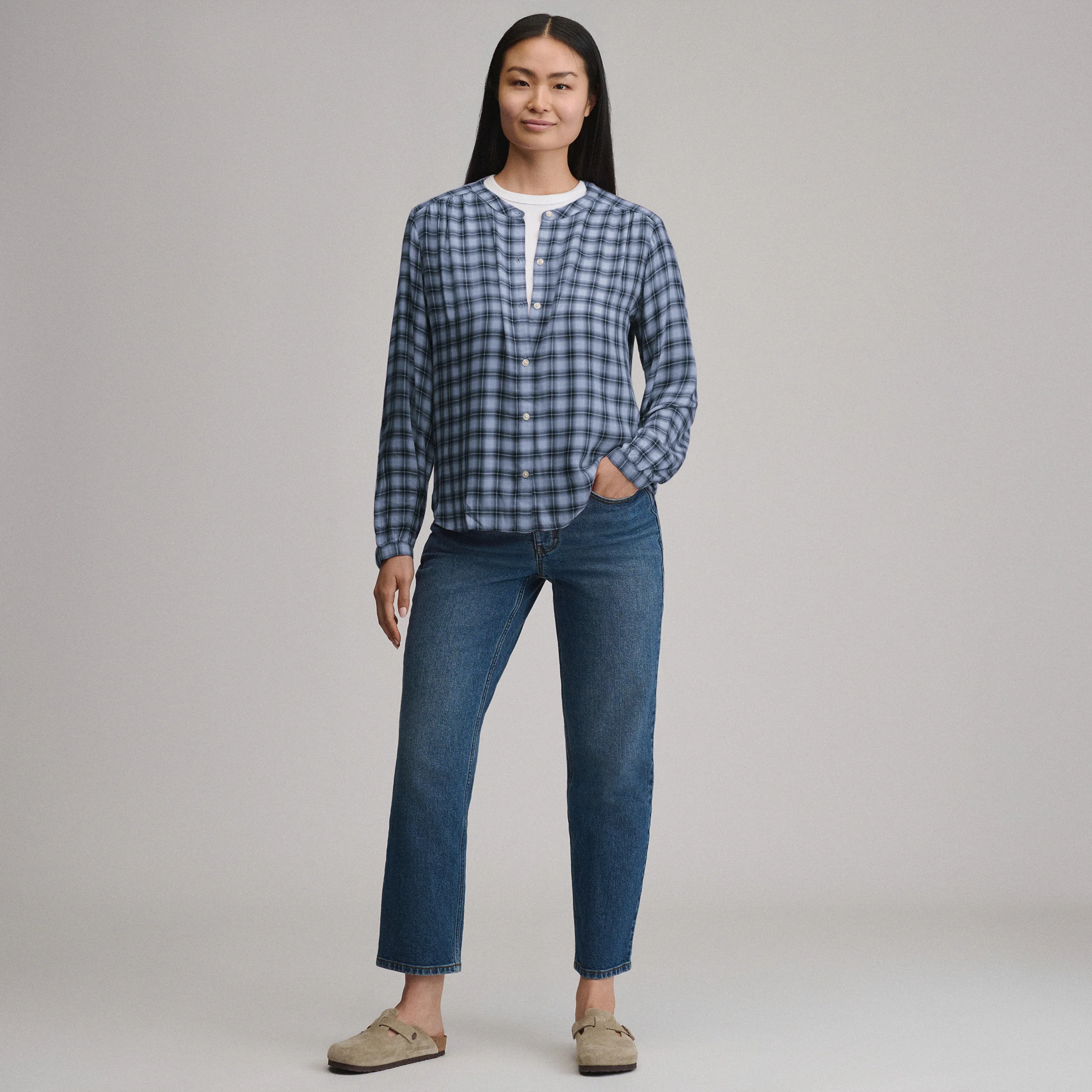 Women's Long-Sleeve Collarless Drapey Plaid Button-Down Shirt