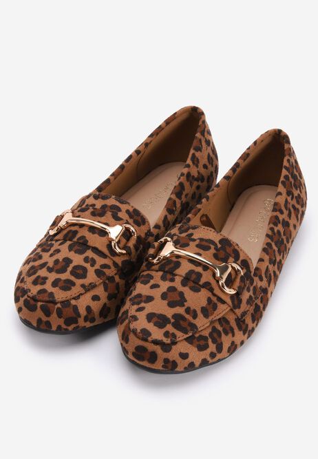 Womens Brown Leopard Print Faux Suede Loafers