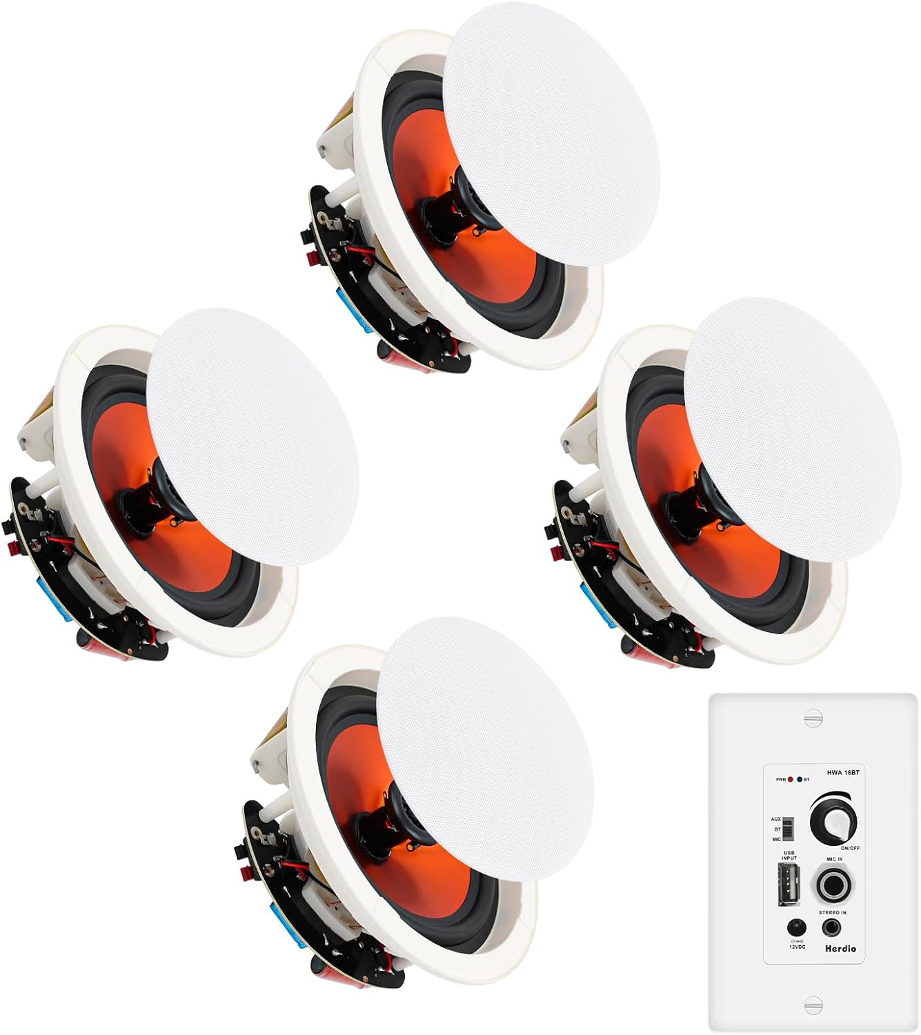 Herdio 4'' Bluetooth in Wall in Ceiling Speakers 480W 2-Way Flush Mount Speakers System with Wall Amplifier Receiver for Home Theater Office (2 Pairs, Paintable-Grille)