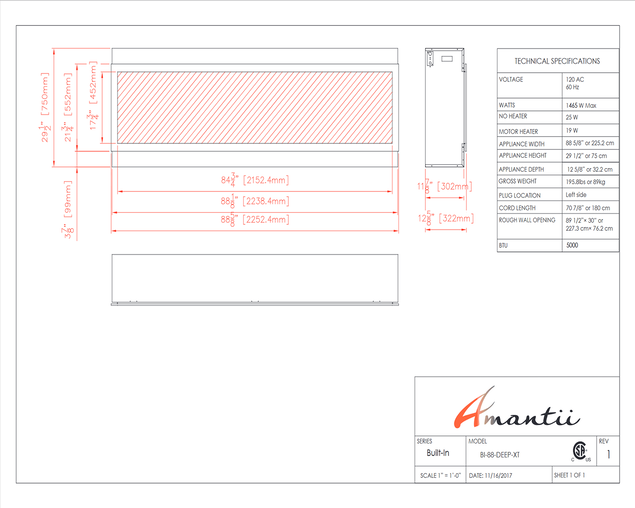 Amantii Smart 88&Prime; Wide &ndash; Deep Indoor or Outdoor Electric Built-in only with Black Steel Surround