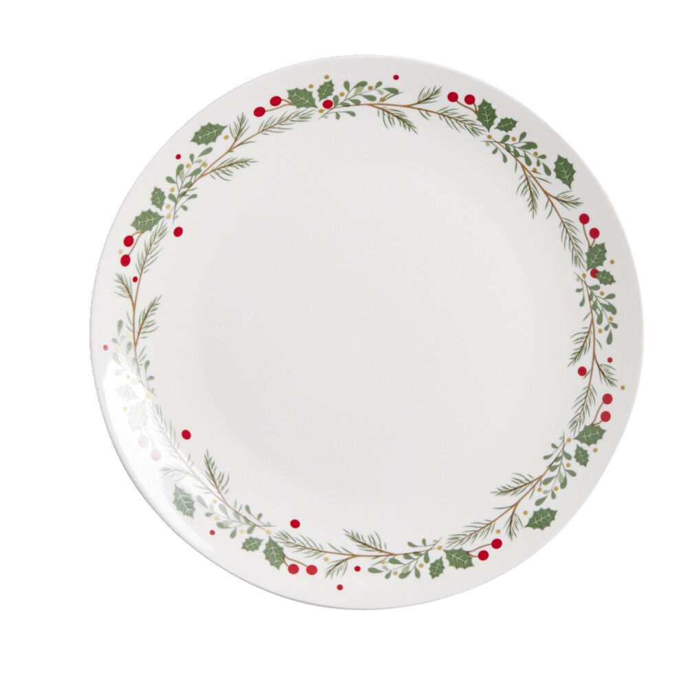 Assiette plate porcelaine blanche motif feuillage de No&euml;l Ø27cm