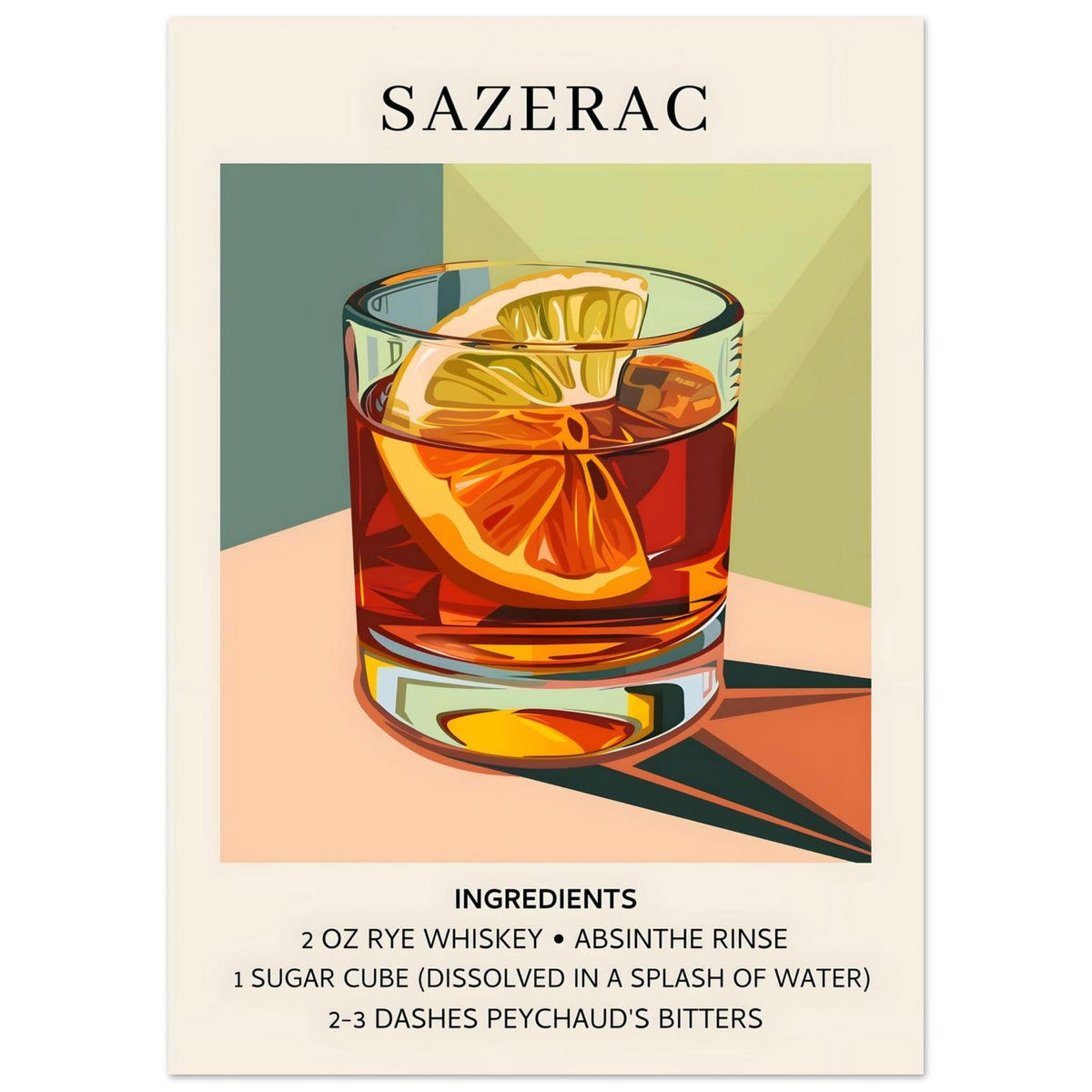 Artfulprints Poster Sazerac cocktail - Ingrediënten  - 50x70 cm - Meerkleurig