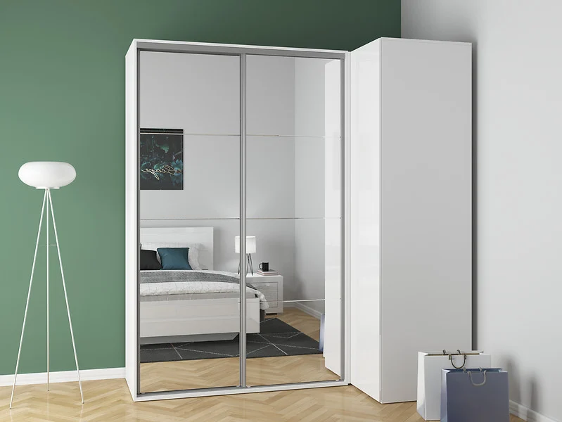 Szafa modułowa Flex 220x116 cm narożnaz lustrem biały połysk