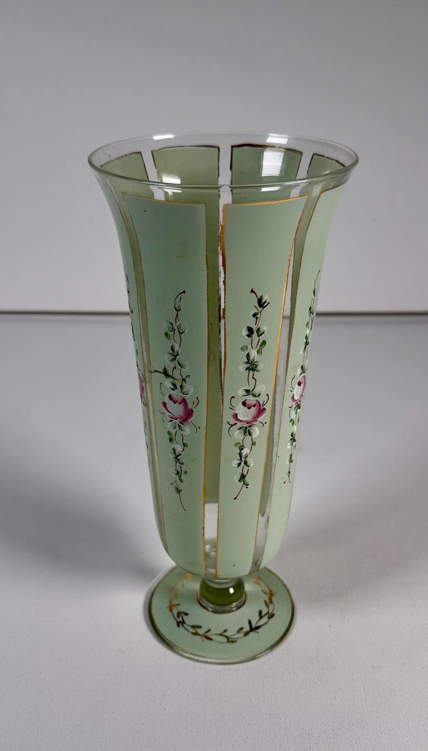 Vintage Bohemian Czech Art Glass Vase, Hand Painted Pink Roses, Pale Green Gold Gilt, Mid Century European Decor