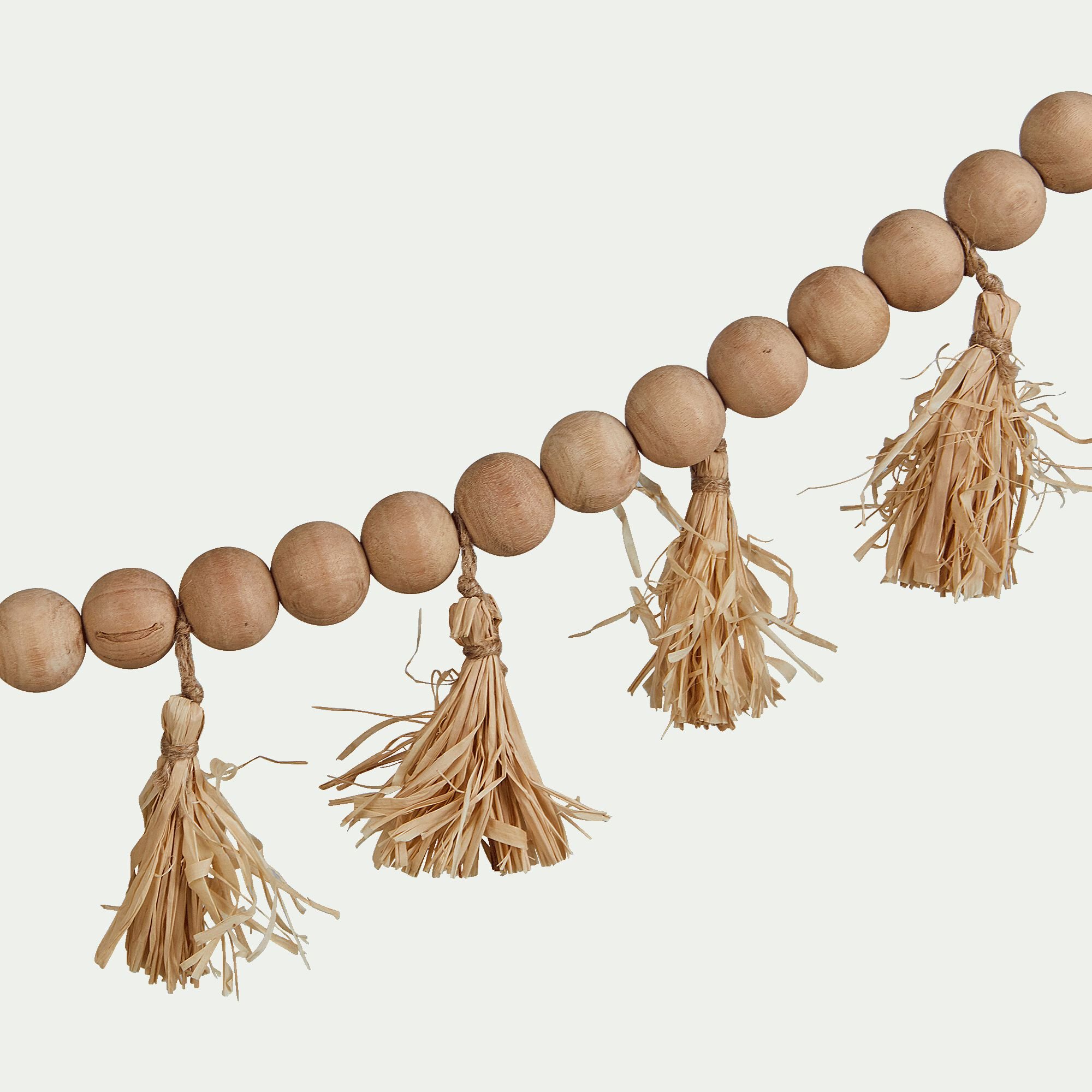 TAHA - Guirlande perles de bois et pompons en raphia - naturel L155cm