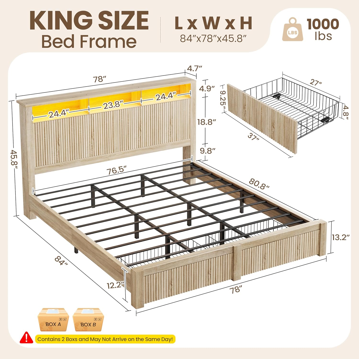 CypBed King Size Bed Frame with 2 Storage Drawers, Charging Port & LED Light, Wood King Bed Frame and 2-Tier Headboard,Farmhouse Wavy Design, Metal Platform, Noise-Free, No Box Spring Needed, Wood