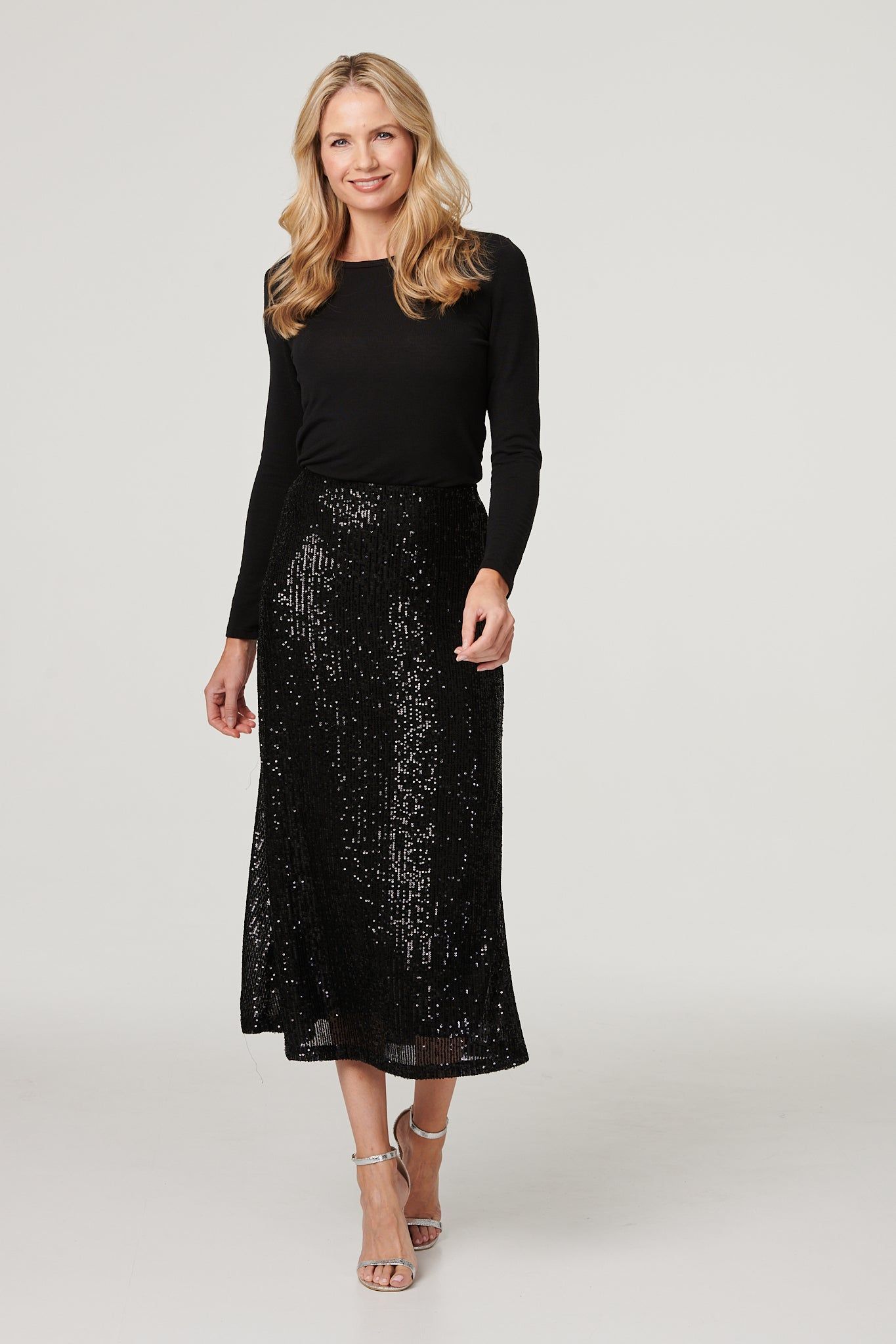 Izabel London Sequin High Waist Semi Sheer Midi Skirt