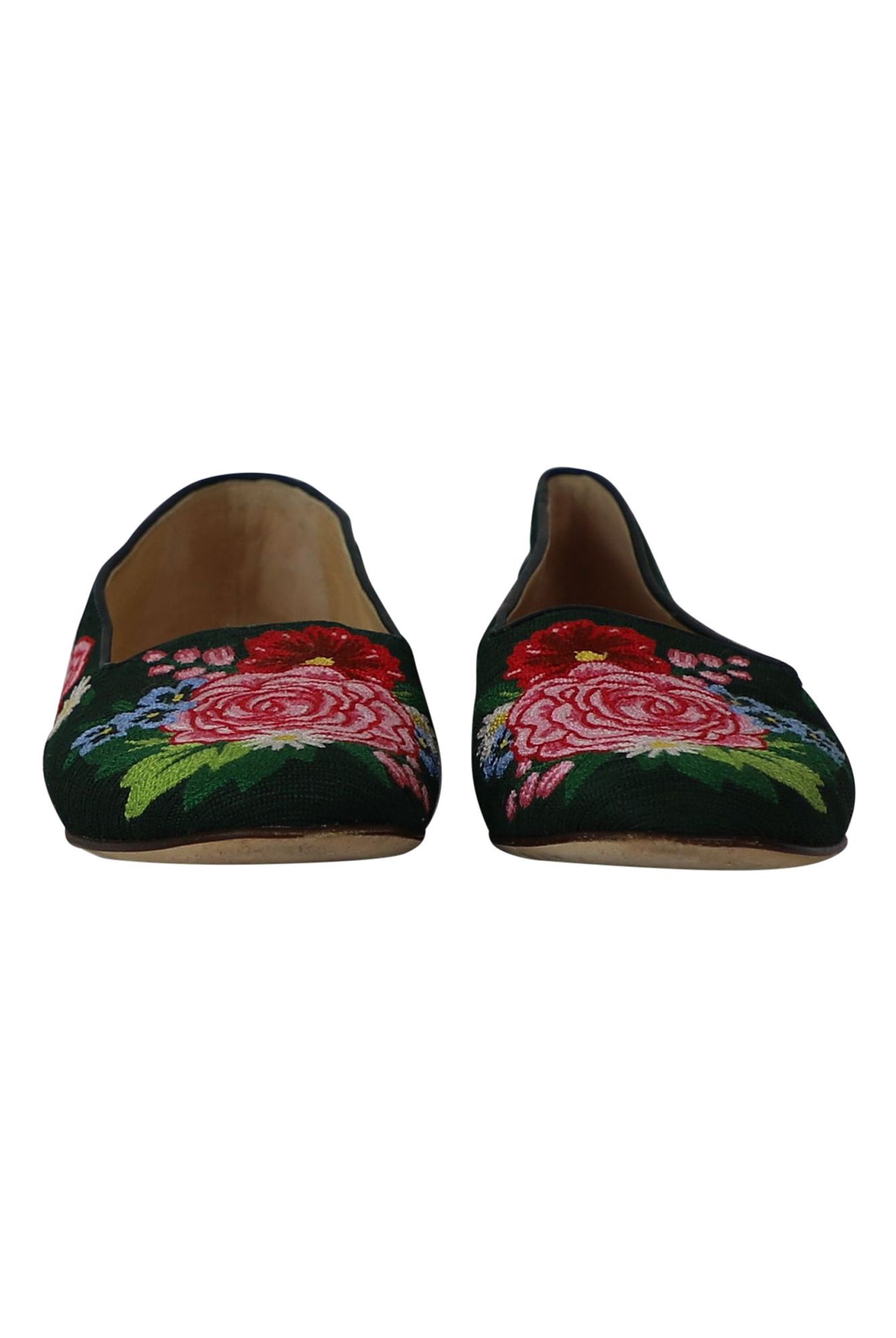 Charlotte Olympia Preloved Rose Garden Floral Embroidered Flats in Green Fabric