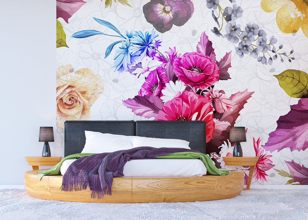 Sanders & Sanders fotobehang bloemen wit, roze en blauw - 375 x 270 cm - 600511