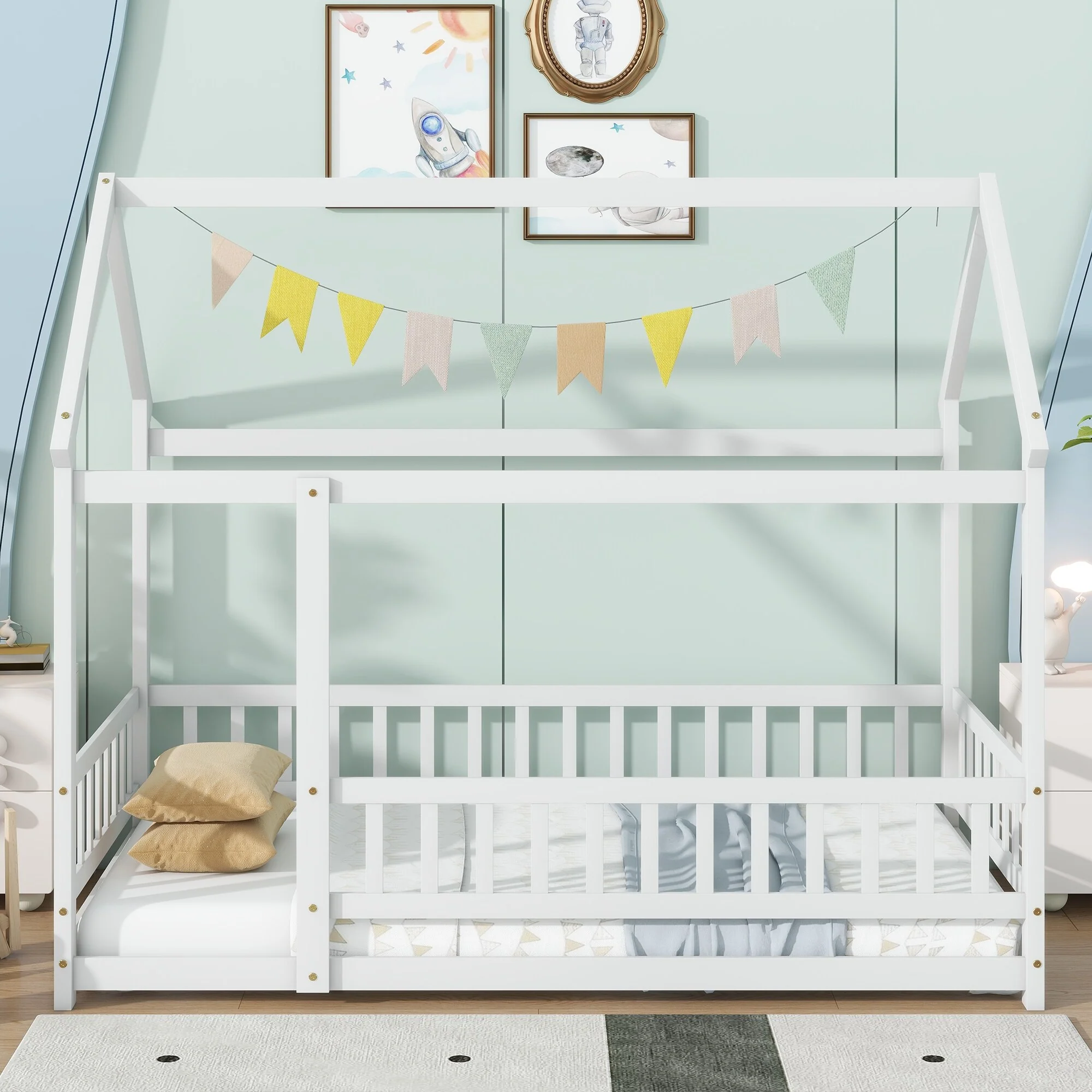 Twin Size Wooden Floor Bed with Roof Frame and Safety Guardrails, White