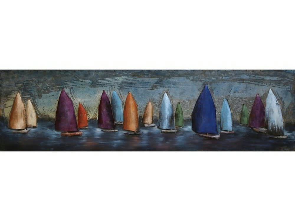 MÉTAL BRASS - Tableau relief en métal régate voiliers 180x50