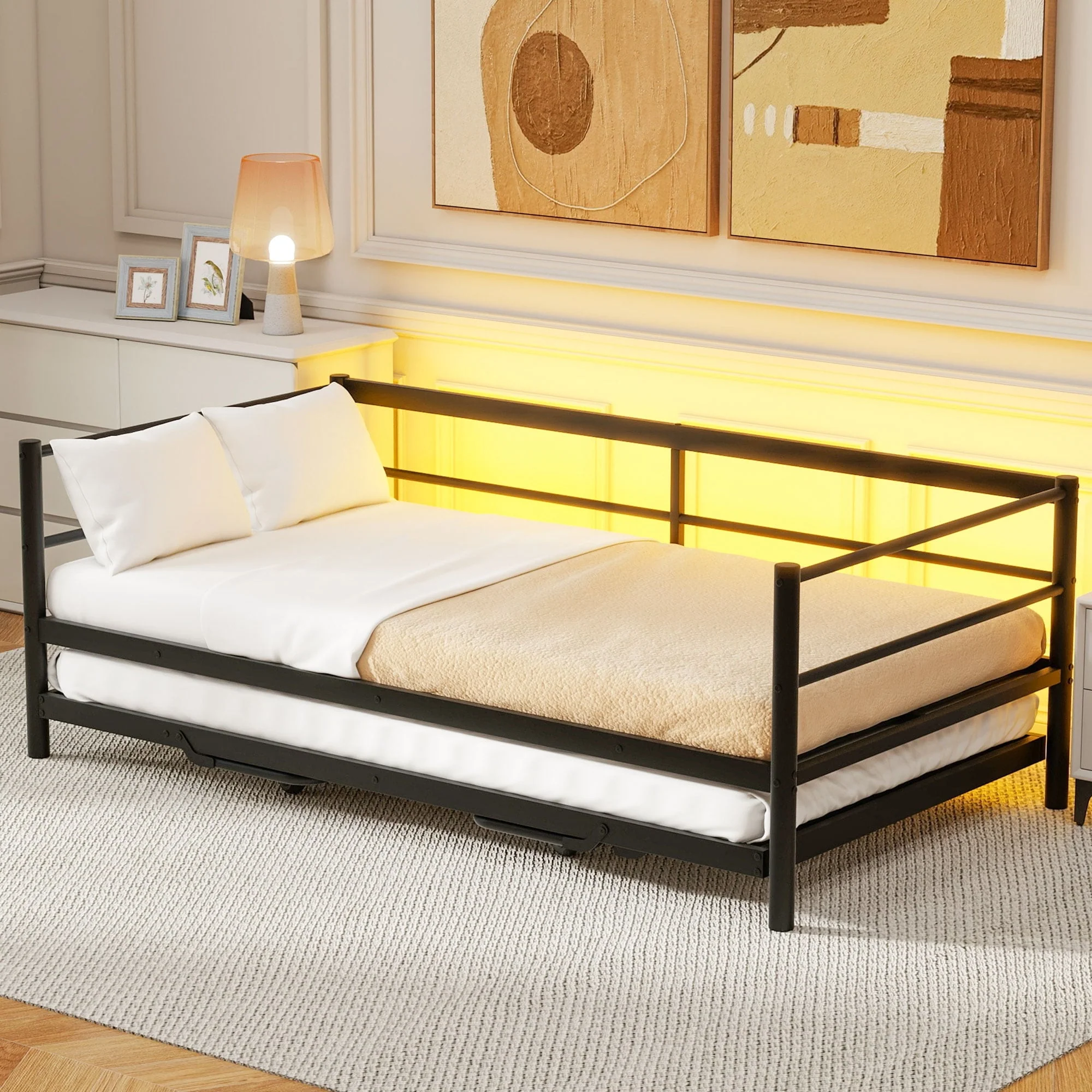 Twin Size Metal Daybed with LED and Adjustable Trundle, Pop Up Trundle, Black