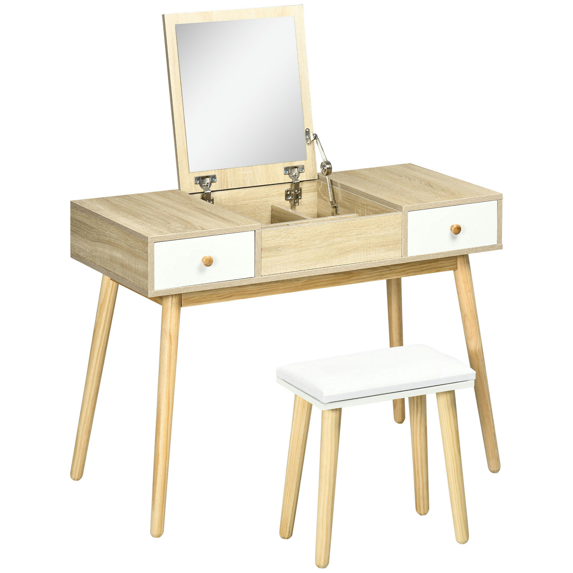 - Coiffeuse avec tabouret style scandinave aspect chêne clair blanc